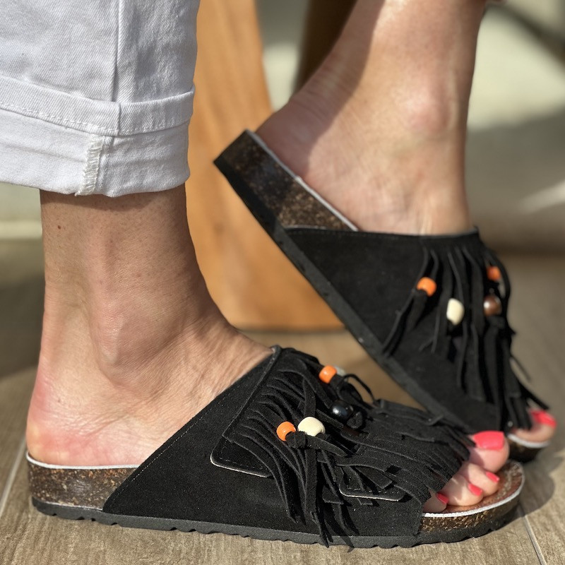 Mules Joey O En Daim Noir Et Cuir - Pointure US 7.5 (38 Environ), Talon Moyen, Boucles Décoratives, Neuves